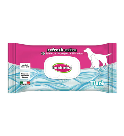 Inodorina dog pet wipes, moist cleaning cloths for dogs, showing a pack of disposable pet hygiene wipes.