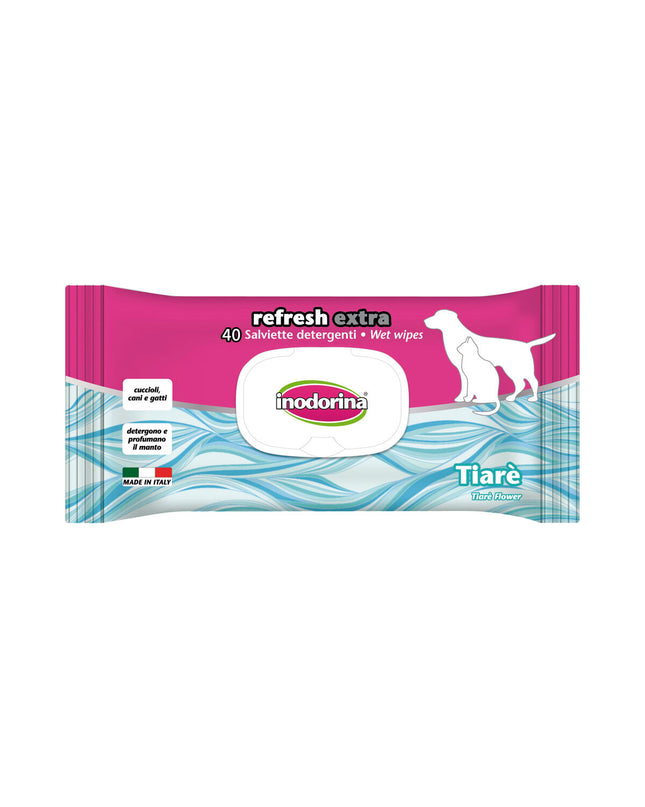 Inodorina dog pet wipes, moist cleaning cloths for dogs, showing a pack of disposable pet hygiene wipes.