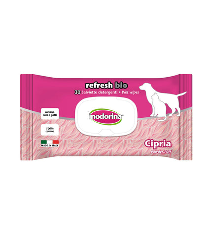 Inodorina Bio pet wipes for dogs, 30 moist dog cleaning cloths with natural ingredients, suitable for pet hygiene.