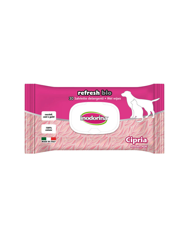Inodorina Bio pet wipes for dogs, 30 moist dog cleaning cloths with natural ingredients, suitable for pet hygiene.
