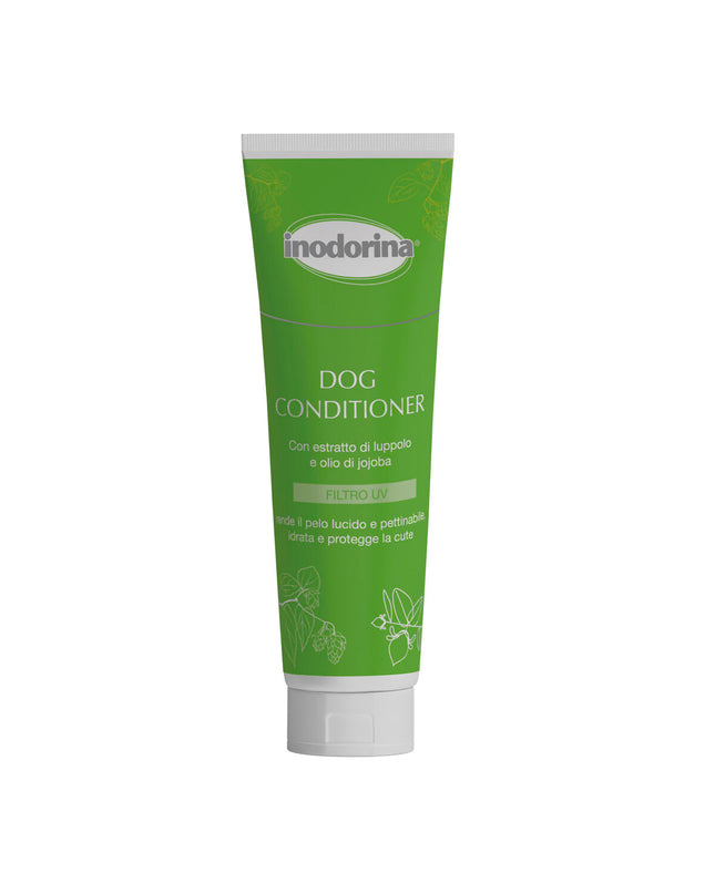 Inodorina pet conditioner for dogs in a 250ml bottle, showing the product and packaging for pet grooming.