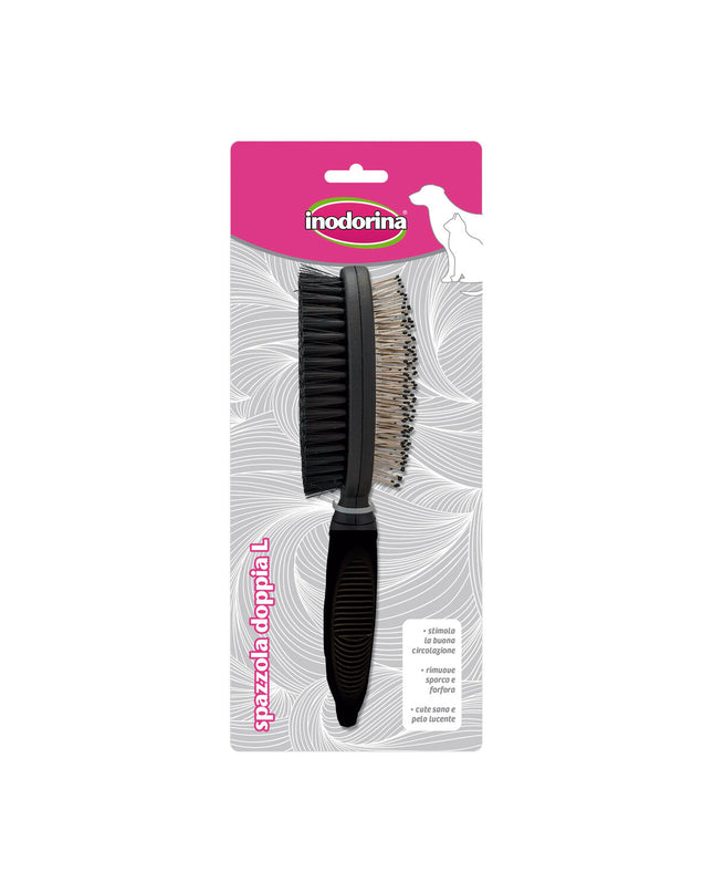 Inodorina Zwart L hondenkam, dubbele tanden, zwart plastic, suitable for grooming dogs, close-up of the comb's teeth and handle.
