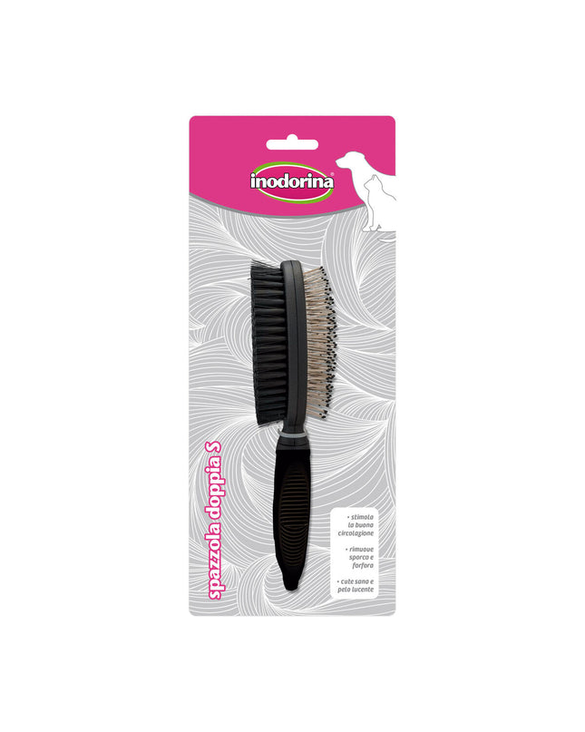 Black Inodorina dog grooming comb with fine teeth for detangling and grooming dogs, suitable for various coat types.