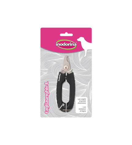 Inodorina black stainless steel dog nail clipper, pet grooming tool for dogs, with ergonomic design and precise cutting edges.