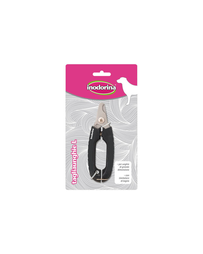 Inodorina black stainless steel dog nail clipper, pet grooming tool for dogs, with ergonomic design and precise cutting edges.