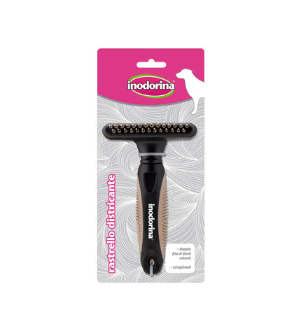 Inodorina black plastic dog brush with bristles, designed for grooming dogs, part of Inodorina pet products.