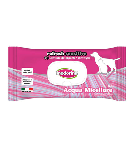 Inodorina Refresh Sensitive micellar water pet wipes for dogs, showing soft, moist cloths ideal for cleaning pets.