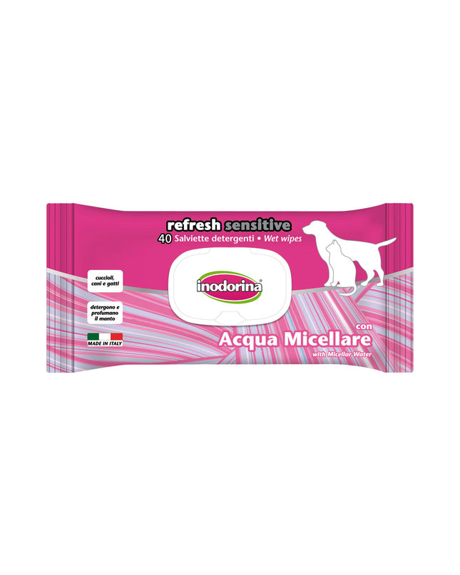 Inodorina Refresh Sensitive micellar water pet wipes for dogs, showing soft, moist cloths ideal for cleaning pets.