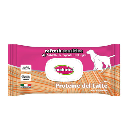 Inodorina Refresh Sensitive dog wipes with milk protein for pet hygiene, showing moist cloths for cleaning dogs.