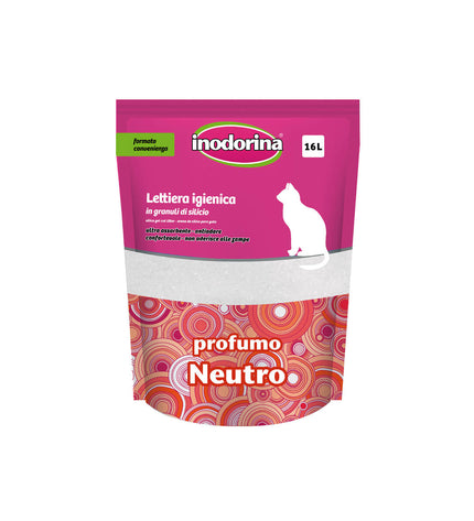 Inodorina Arena Ongeparfumeerde kattenbakvulling, 5L en 16L, met natuurlijke lichtgrijze kattenbakvulling in open verpakking