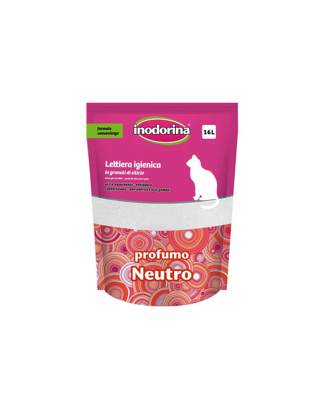 Inodorina Arena Ongeparfumeerde kattenbakvulling, 5L en 16L, met natuurlijke lichtgrijze kattenbakvulling in open verpakking