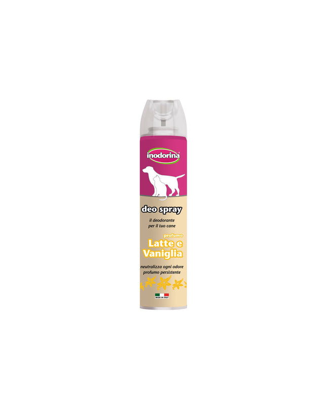 Inodorina Leche/Vainilla deodorant for dogs in a 300ml bottle, featuring vanilla scent and dog care product design.