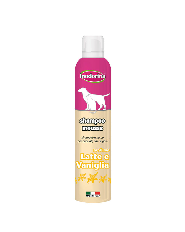 Inodorina Vanille dog shampoo bottle, 300 ml, with label showing vanilla scent, designed for dogs' grooming and bathing.