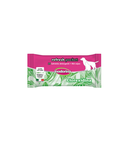 Inodorina pet cleaning wipes for dogs, moist dog wipes with packaging showing the product and brand logo.