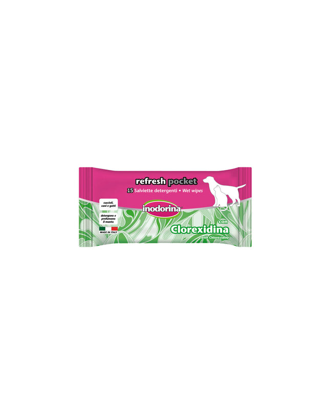 Inodorina pet cleaning wipes for dogs, moist dog wipes with packaging showing the product and brand logo.