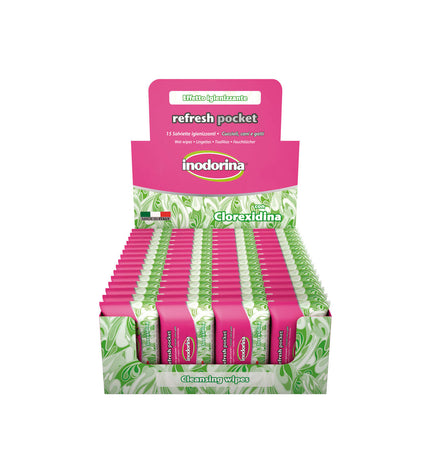 Inodorina pet wipes for dogs, moist cleaning cloths with a resealable pack, suitable for pet hygiene and freshness.