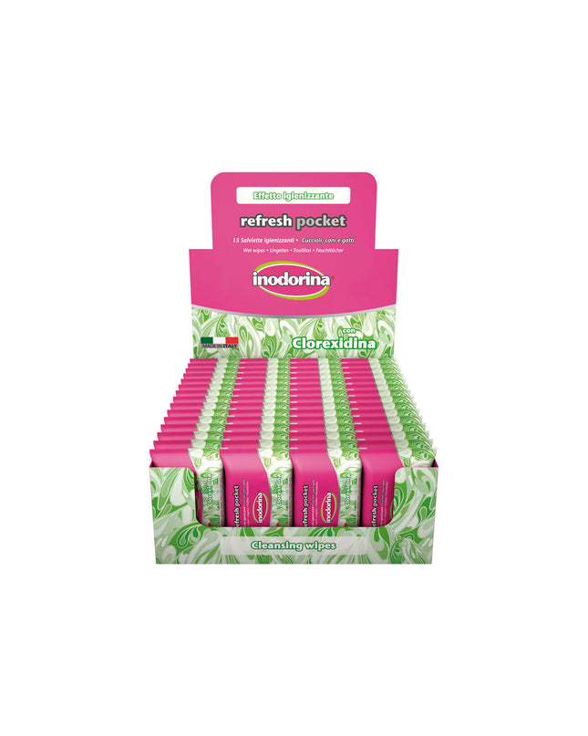 Inodorina pet wipes for dogs, moist cleaning cloths with a resealable pack, suitable for pet hygiene and freshness.