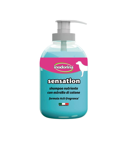 Inodorina dog shampoo 300 ml bottle with label, suitable for pet grooming and bathing dogs, in a clean, professional setting