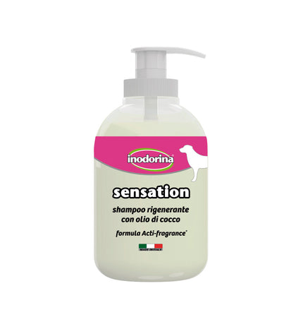 Inodorina dog shampoo bottle, 300 ml plastic container, dog grooming product for clean and fresh pets.
