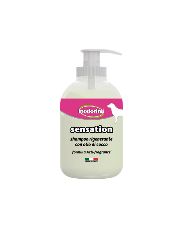 Inodorina dog shampoo bottle, 300 ml plastic container, dog grooming product for clean and fresh pets.