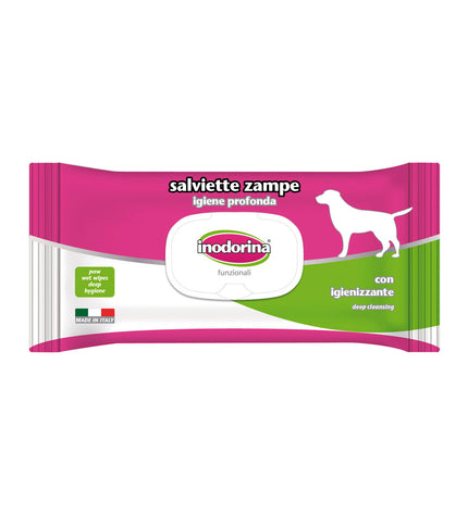 Inodorina Paws dog cleaning wipes for pets, moist disposable cloths designed for dog hygiene, shown in the image.