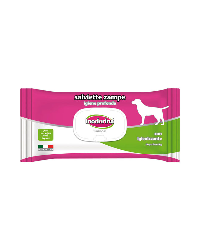 Inodorina Paws dog cleaning wipes for pets, moist disposable cloths designed for dog hygiene, shown in the image.