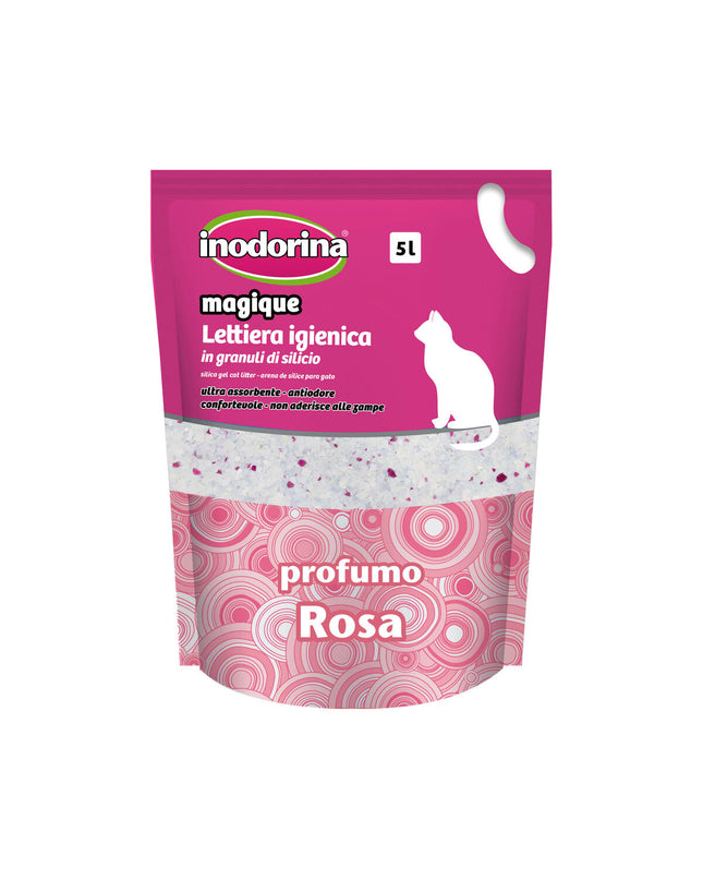 Inodorina Magique Rose cat litter in a 5L bag with pink packaging, ideal for cleaning and odor control for cats.