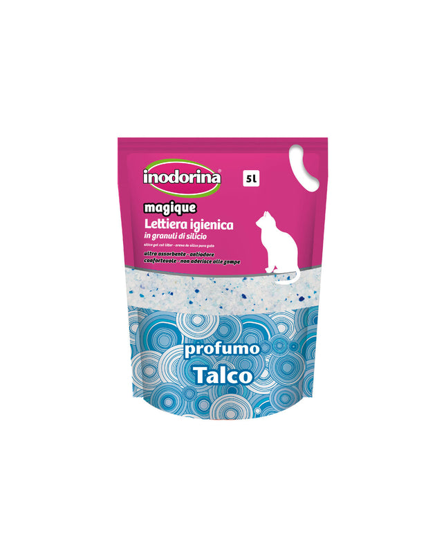 Inodorina Magique Talco cat litter powder in 5L bag, talcum scent, ideal for cats, with packaging showing the product.