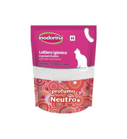 Inodorina Neutro scented 5L cat litter container, natural unscented cat litter for pets, in a white bag with blue accents.