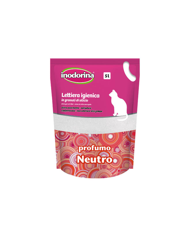 Inodorina Neutro scented 5L cat litter container, natural unscented cat litter for pets, in a white bag with blue accents.