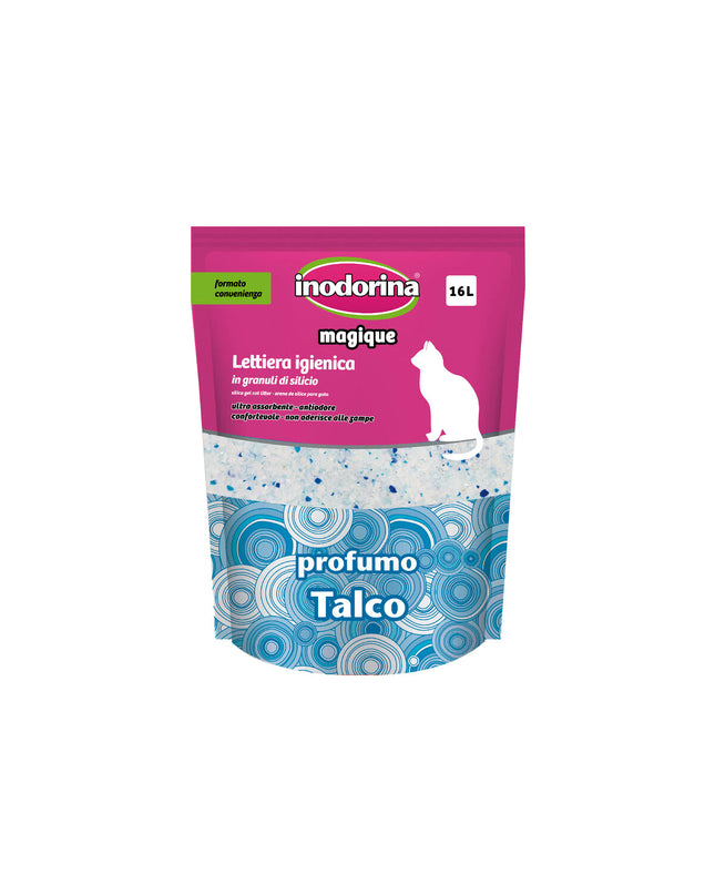 Inodorina Magique Talco cat litter in 16L bag, light talcum powder scent, suitable for comfortable feline litter boxes.