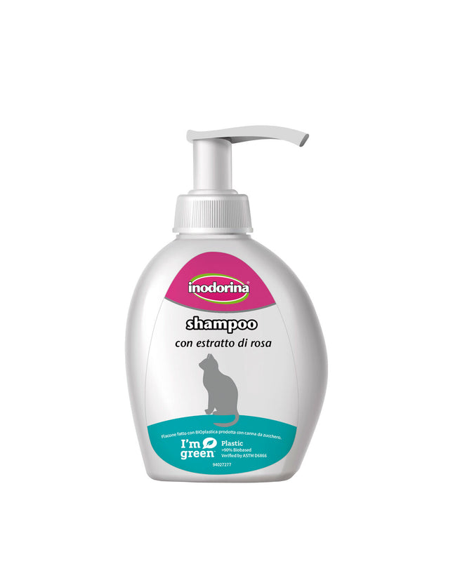 Inodorina Rozen katten dieren shampoo bottle, 300 ml, with floral label and pink cap, designed for pet grooming.