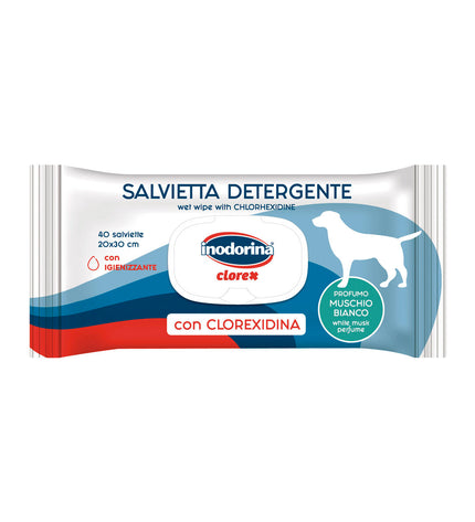 Inodorina dog moist wipes for pets, featuring soft cloths for cleaning and freshening dogs.
