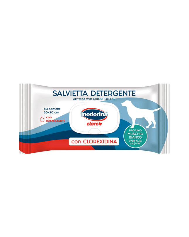 Inodorina dog moist wipes for pets, featuring soft cloths for cleaning and freshening dogs.