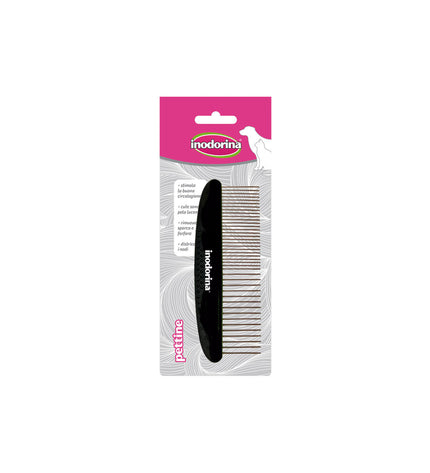 Inodorina Vlooienkam in zwart plastic for dogs, pet grooming tool with fine teeth to remove fleas and debris from dog fur.