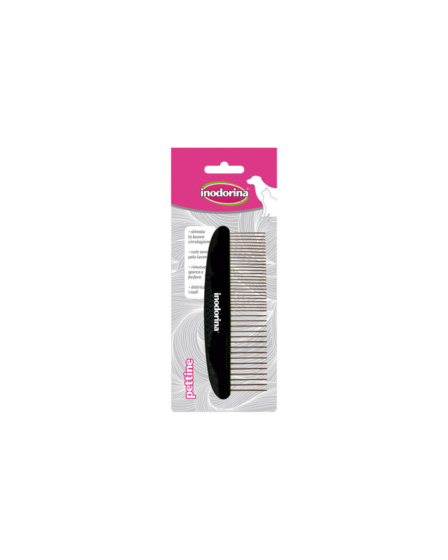 Inodorina Vlooienkam in zwart plastic for dogs, pet grooming tool with fine teeth to remove fleas and debris from dog fur.