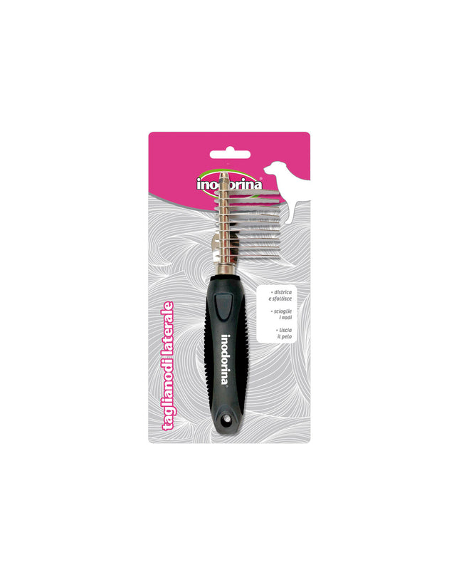 Black Inodorina dog brush with plastic handle and bristles, designed for grooming and fur care.