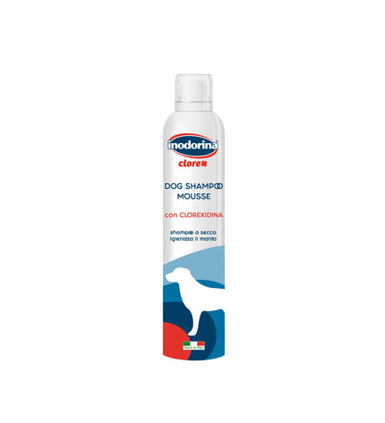 Inodorina dog shampoo bottle with 300 ml size, featuring branding and product label for pet grooming and cleaning.