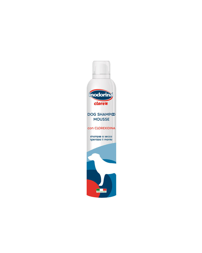 Inodorina dog shampoo bottle with 300 ml size, featuring branding and product label for pet grooming and cleaning.