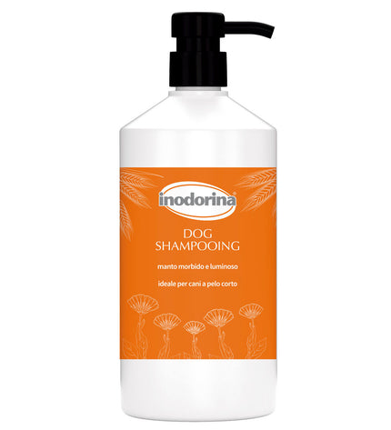 Inodorina 1L dog shampoo for short-haired dogs, showing the bottle with branding and label in a clean setting.