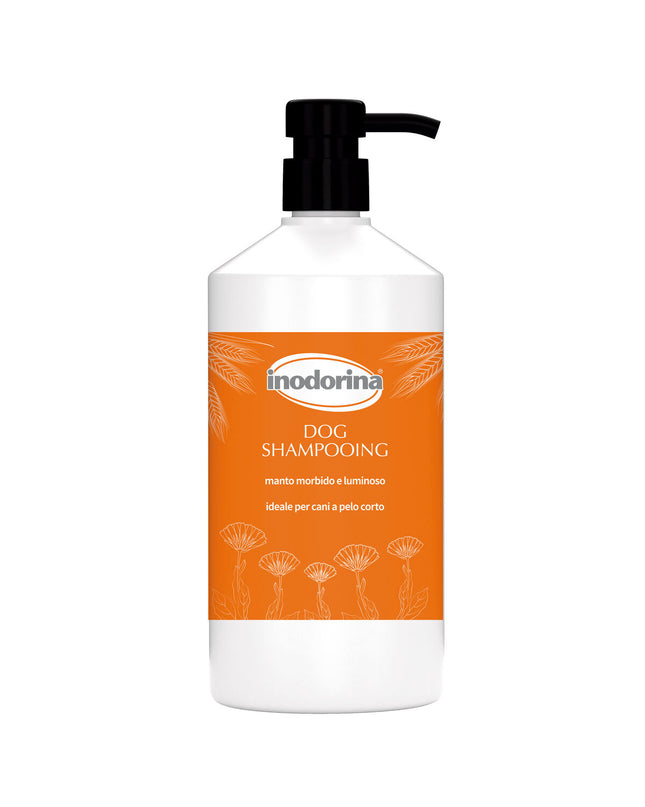 Inodorina 1L dog shampoo for short-haired dogs, showing the bottle with branding and label in a clean setting.