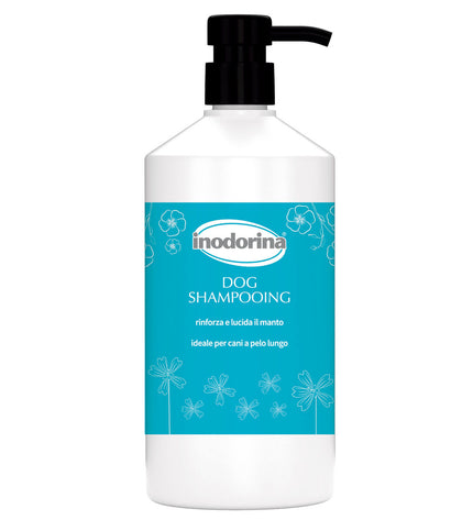 Inodorina dog shampoo bottle, 1-liter size, with label featuring dog images and product details for pet grooming.