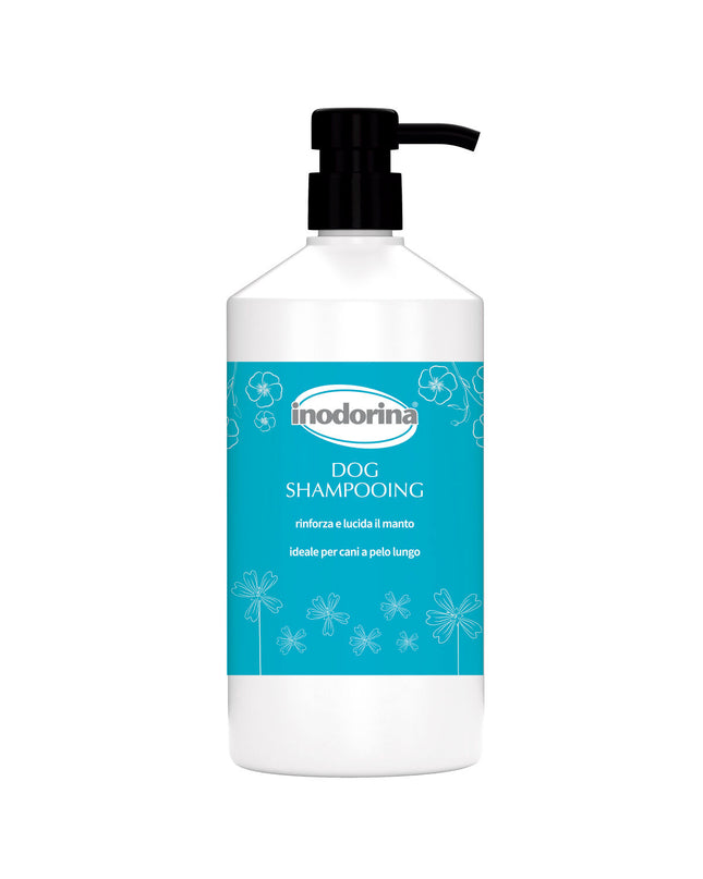 Inodorina dog shampoo bottle, 1-liter size, with label featuring dog images and product details for pet grooming.