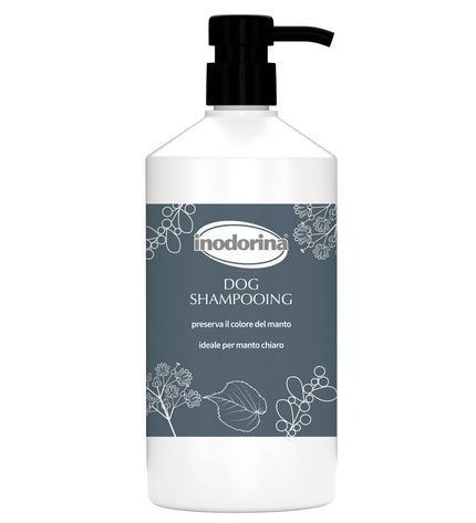 Inodorina dog shampoo bottle, 1 liter, designed for pets, with label showing product details and branding.