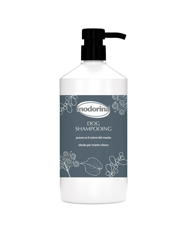 Inodorina dog shampoo bottle, 1 liter, designed for pets, with label showing product details and branding.