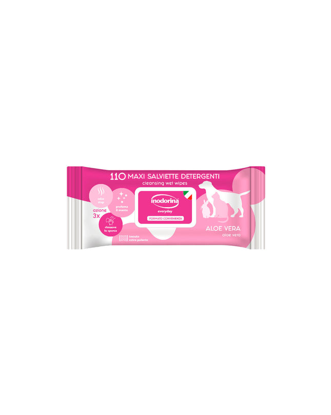 Inodorina Aloe Vera pet wipes for dogs, 110 moist cloths with aloe vera for cleaning and grooming pets.