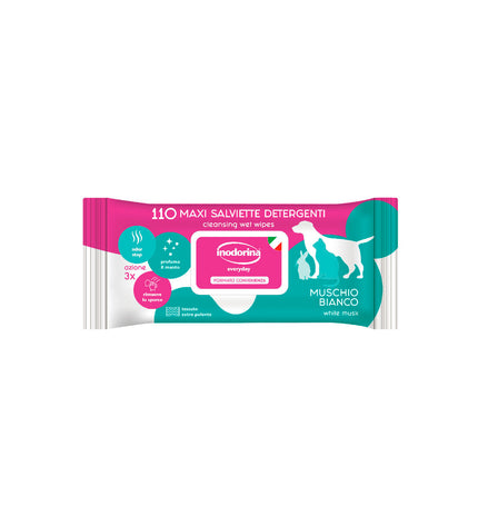 Inodorina dog pet wipes, 110 moist cloths for cleaning and grooming dogs, with packaging visible in the image.