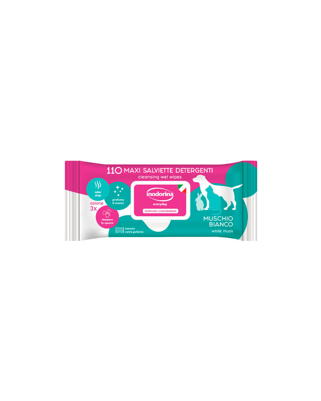 Inodorina dog pet wipes, 110 moist cloths for cleaning and grooming dogs, with packaging visible in the image.