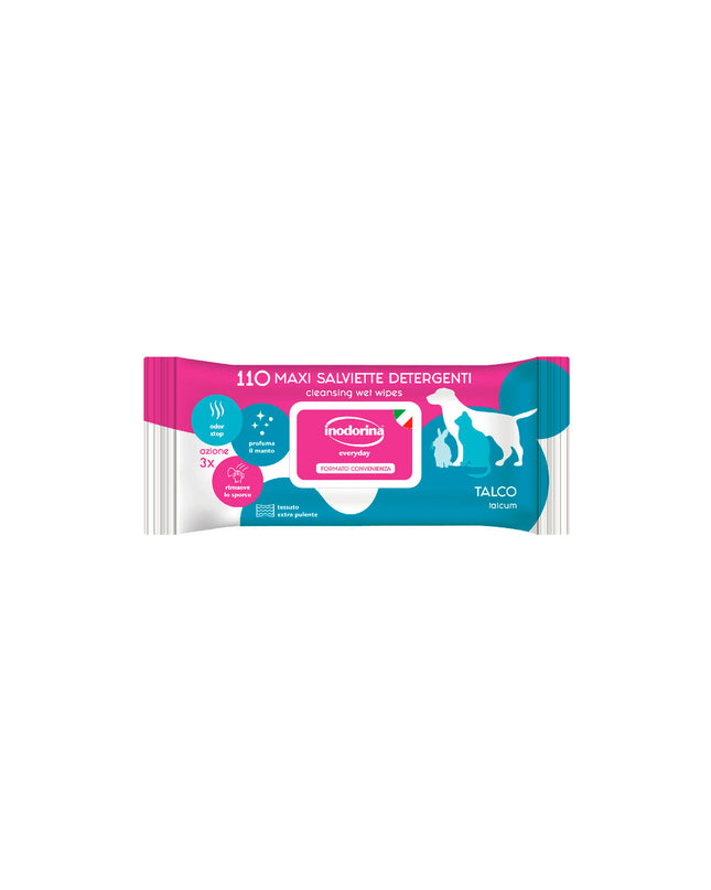 Inodorina Talco pet wipes for dogs, 110 moist cloths with talcum powder scent, suitable for grooming and cleaning pets.