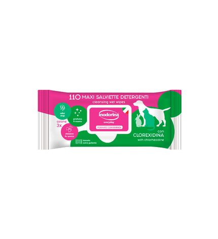 Inodorina Refresh pet wipes for dogs, 110 moist cloths, showing packaging and a dog being cleaned